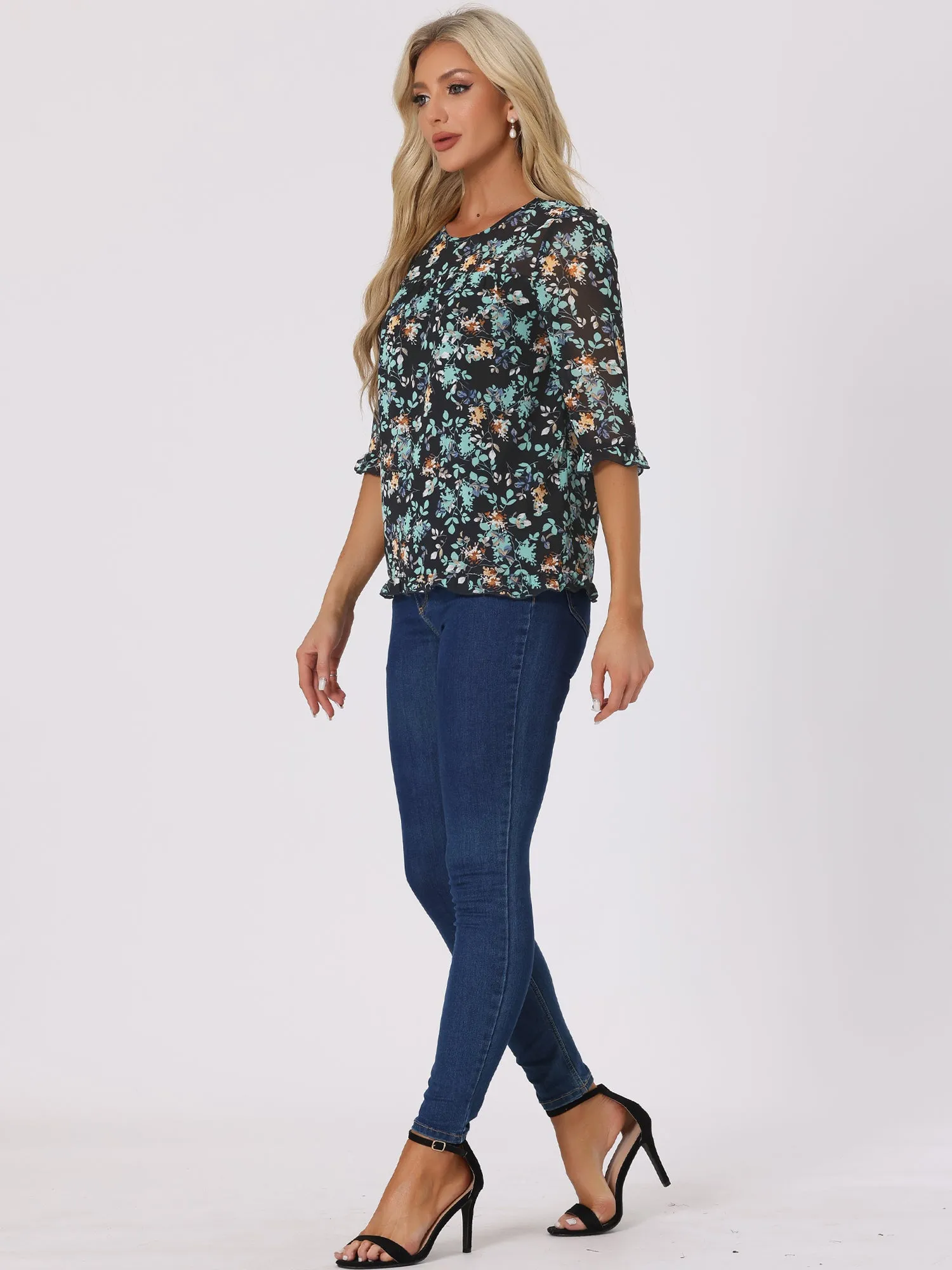 Casual Ruffle 3/4 Sleeve Floral Print Chiffon Blouse