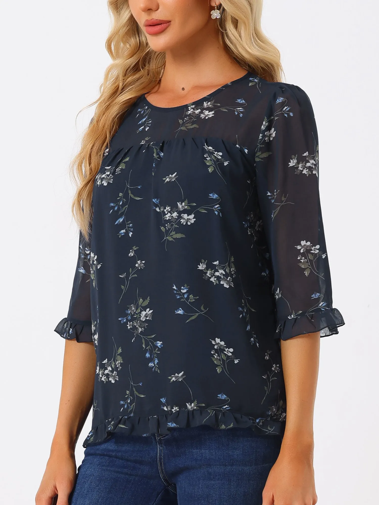 Casual Ruffle 3/4 Sleeve Floral Print Chiffon Blouse