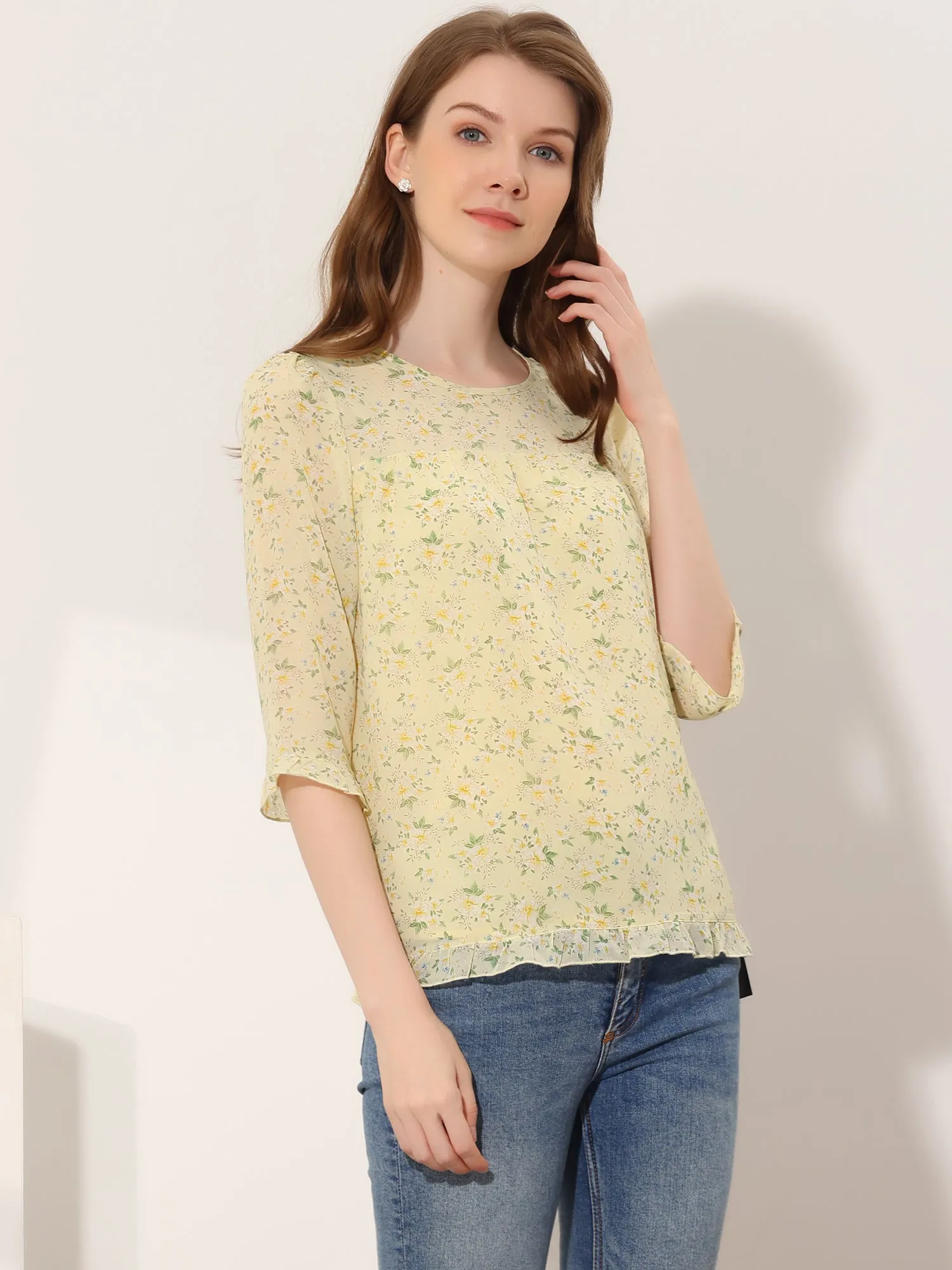 Casual Ruffle Floral Print 3/4 Sleeve Chiffon Blouse