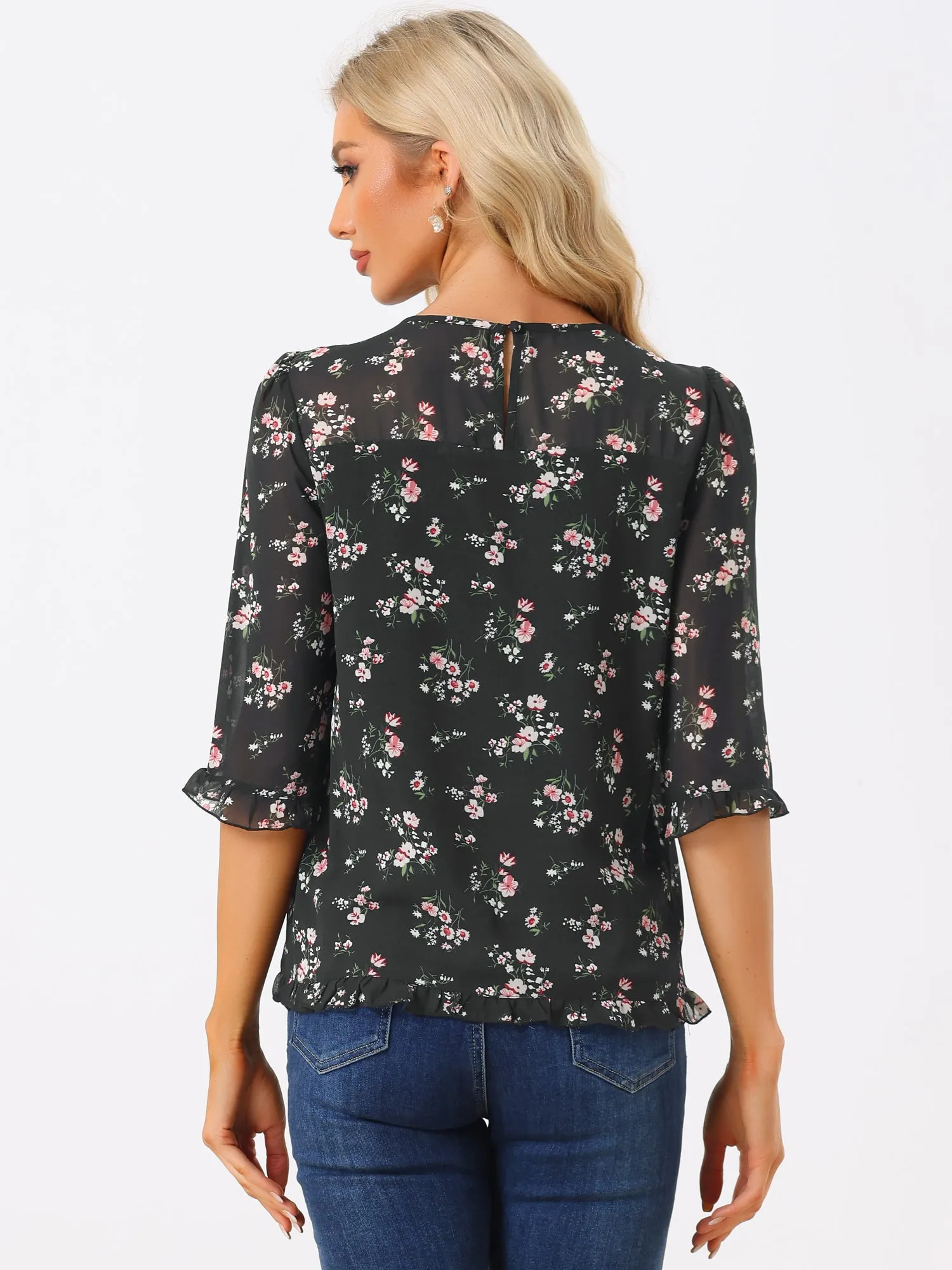 Casual Ruffle Floral Print 3/4 Sleeve Chiffon Blouse