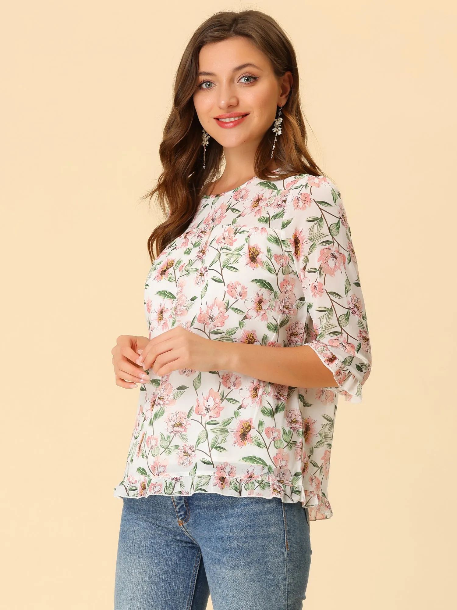 Casual Ruffle Floral Print 3/4 Sleeve Chiffon Blouse