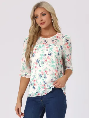 Casual Ruffle Floral Print 3/4 Sleeve Chiffon Blouse