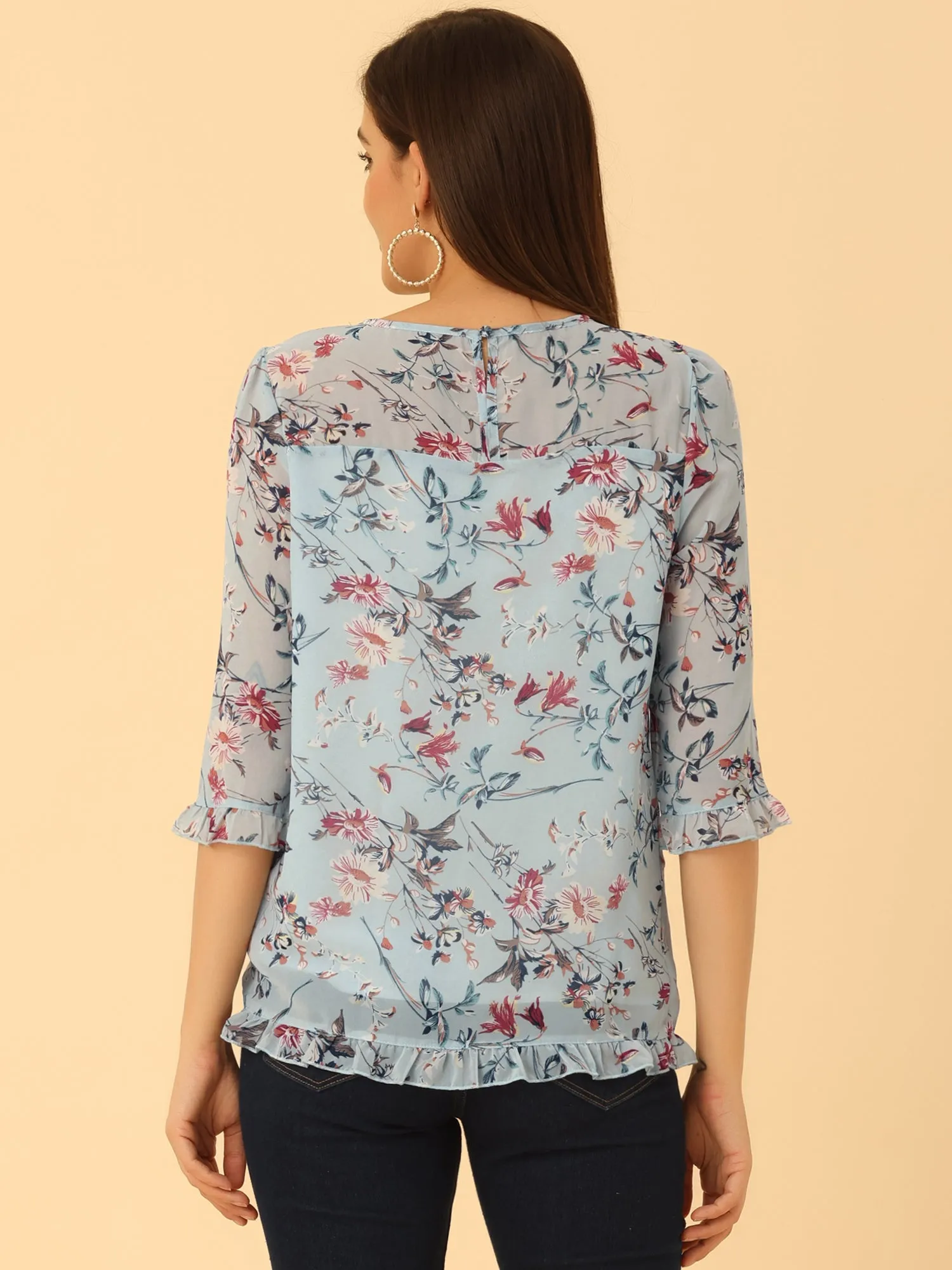 Casual Ruffle Floral Print 3/4 Sleeve Chiffon Blouse