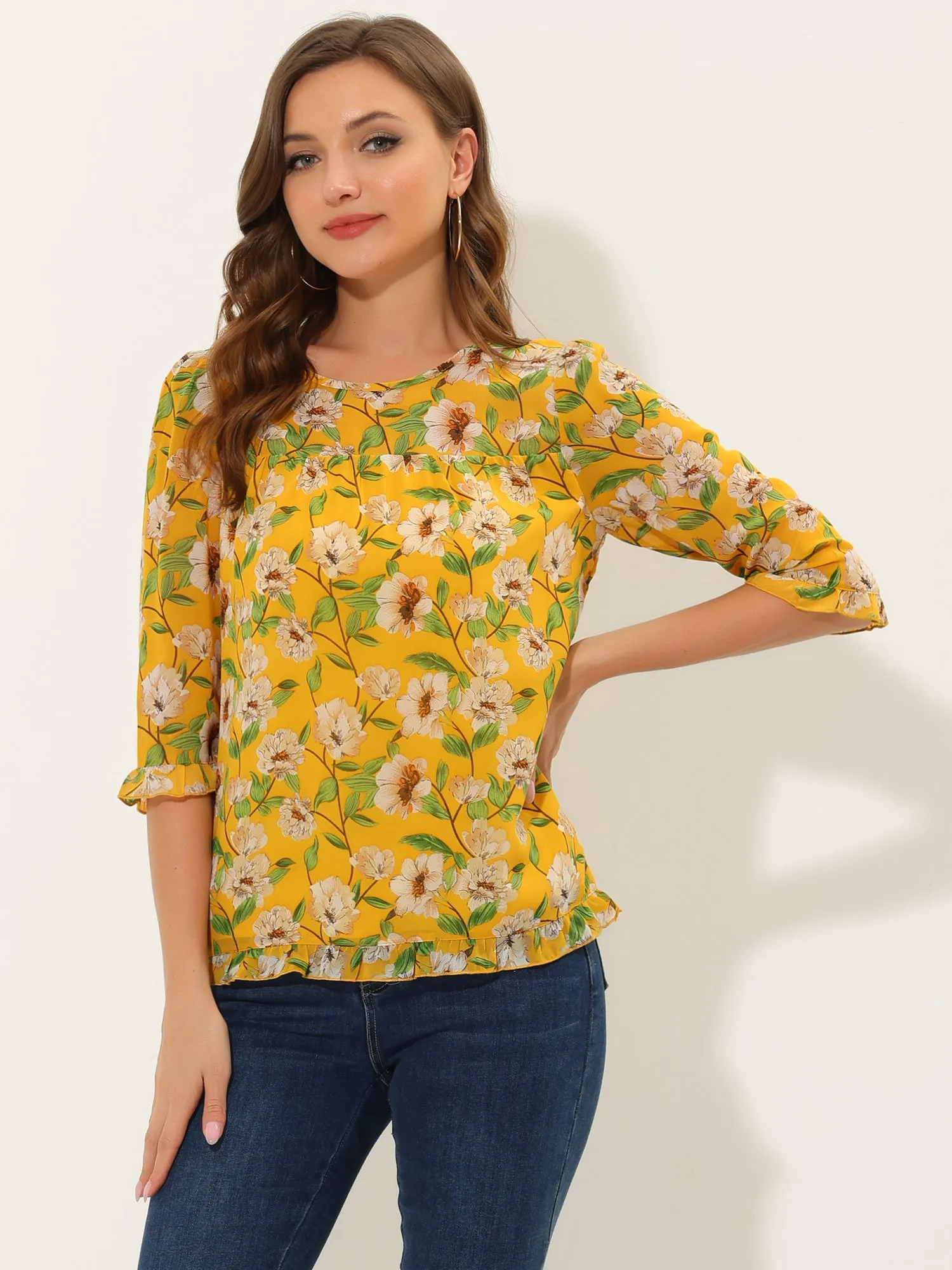 Casual Ruffle Floral Print 3/4 Sleeve Chiffon Blouse