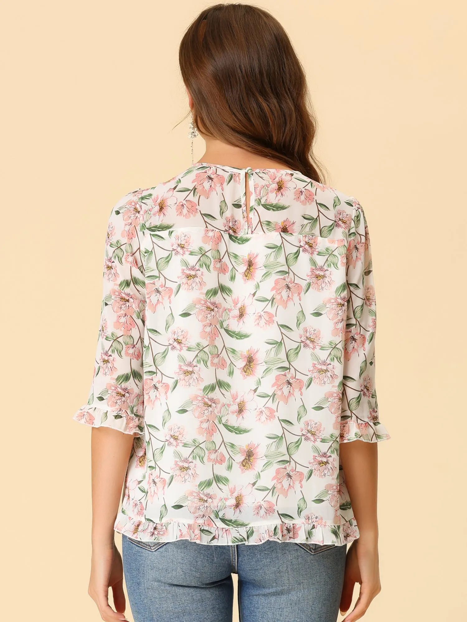 Casual Ruffle Floral Print 3/4 Sleeve Chiffon Blouse