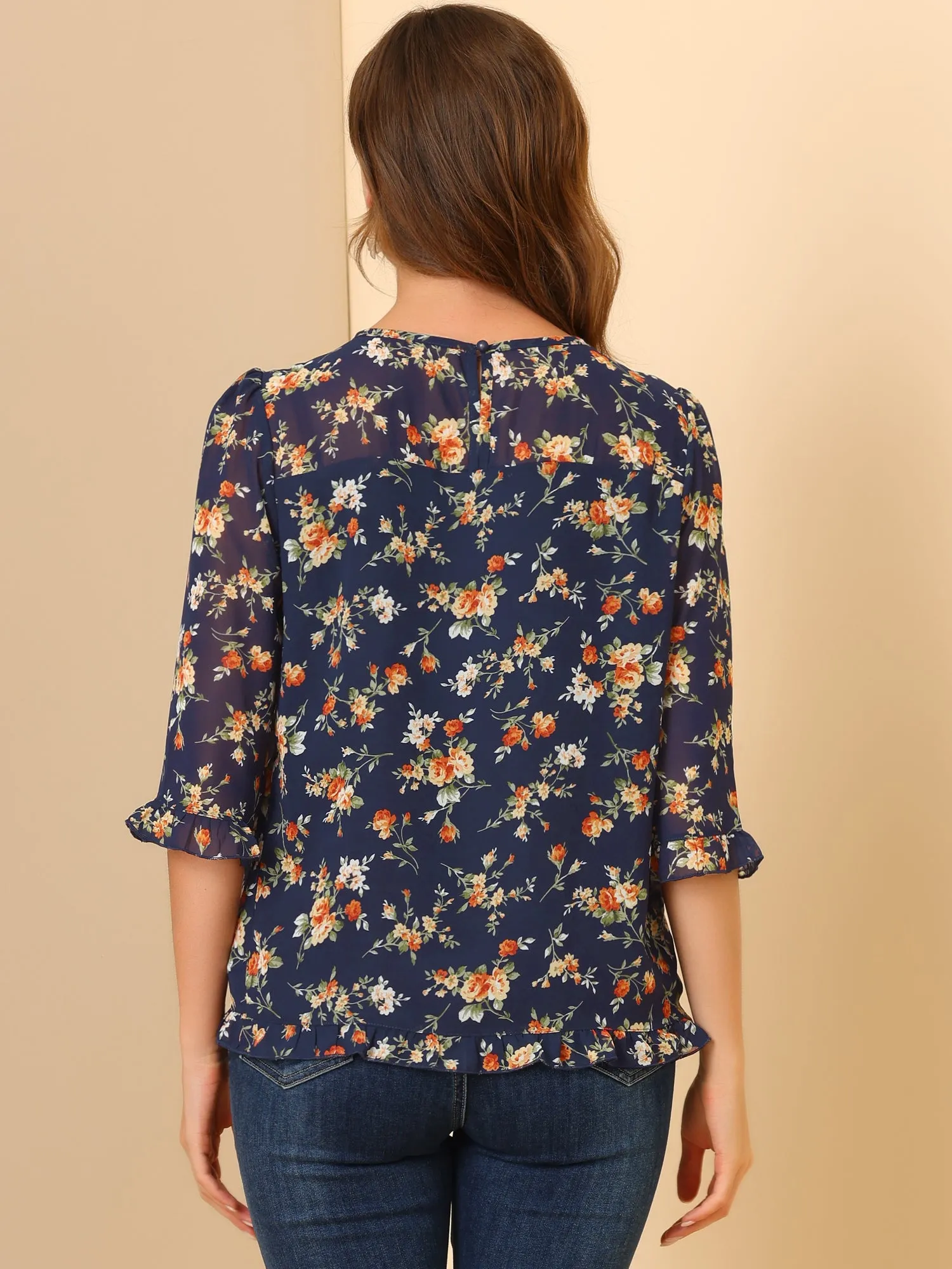 Casual Ruffle Floral Print 3/4 Sleeve Chiffon Blouse