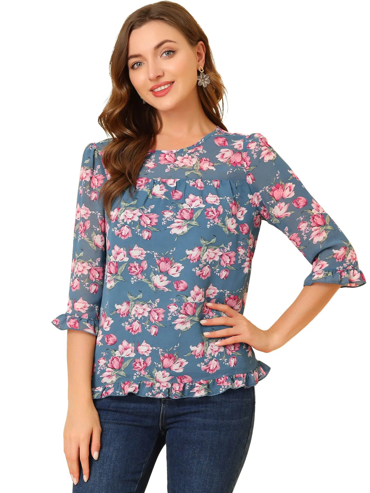 Casual Ruffle Floral Print 3/4 Sleeve Chiffon Blouse