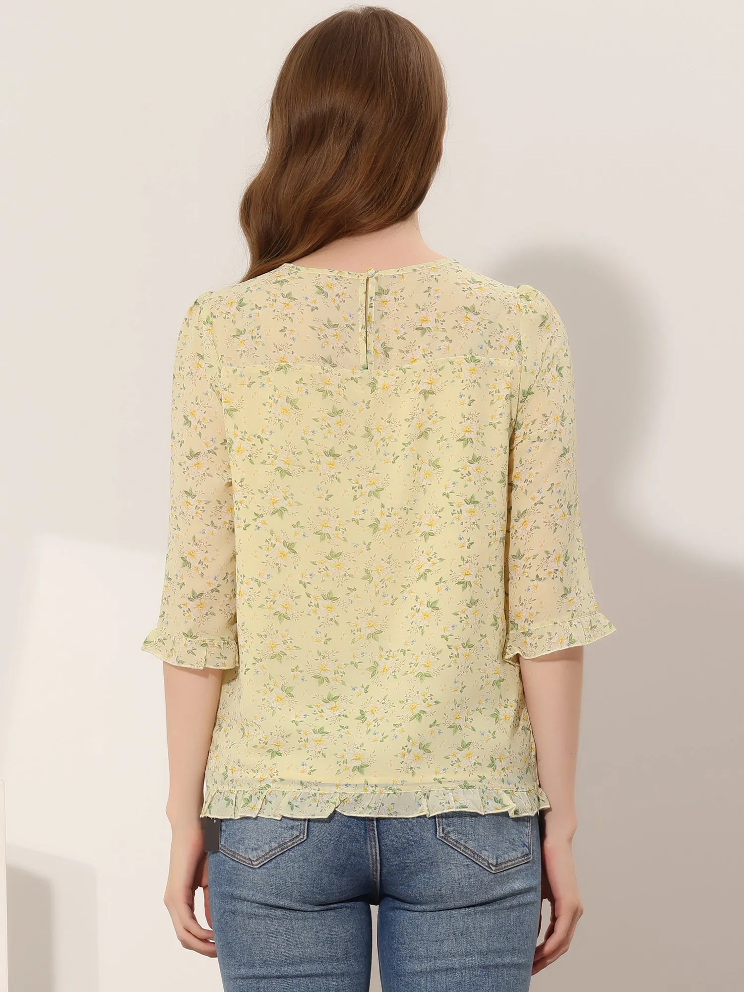 Casual Ruffle Floral Print 3/4 Sleeve Chiffon Blouse