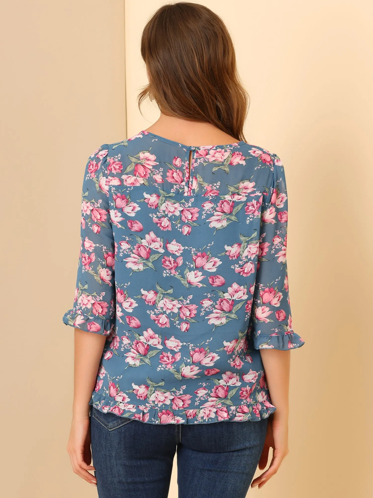 Casual Ruffle Floral Print 3/4 Sleeve Chiffon Blouse