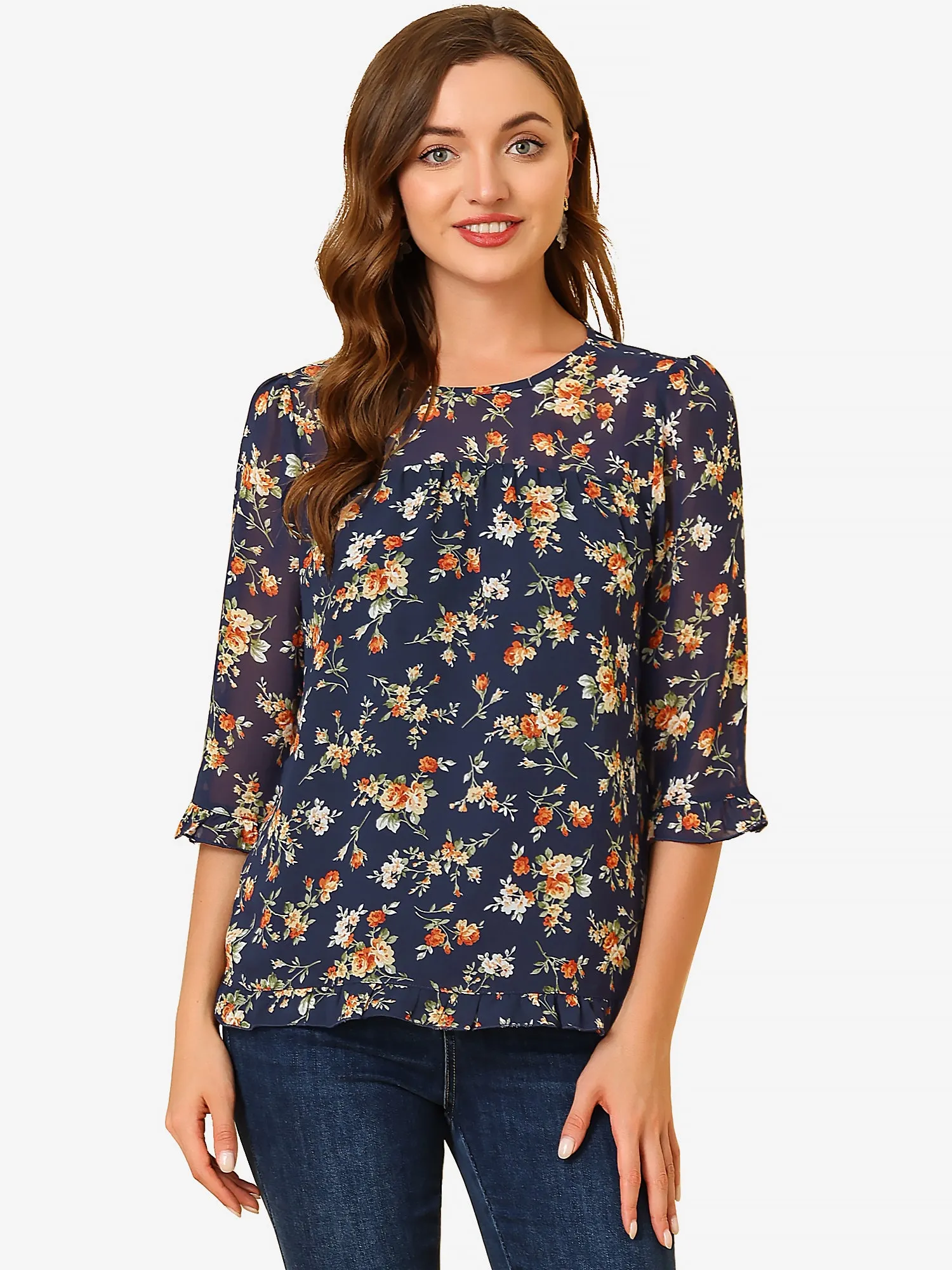 Casual Ruffle Floral Print 3/4 Sleeve Chiffon Blouse