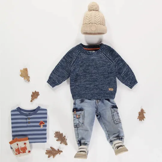 Chandail en tricot bleu chiné, bébé || Knitted sweater in blue mottled fabric, baby