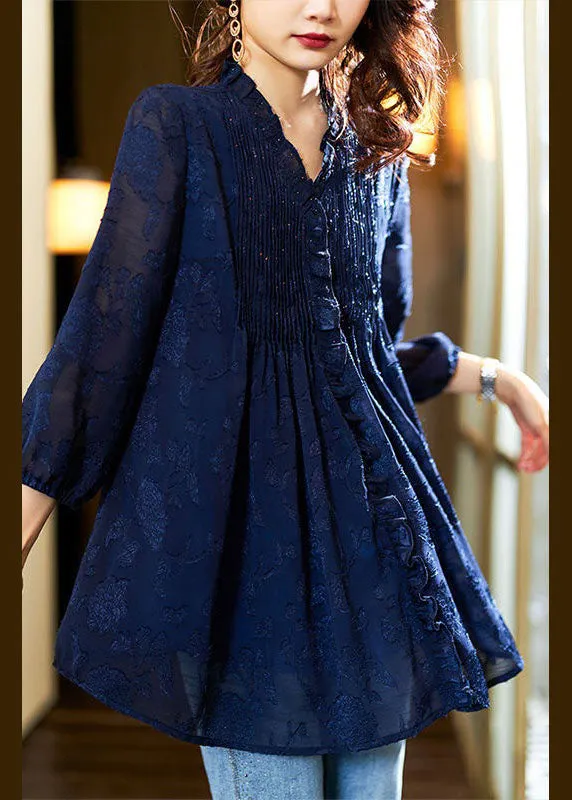 Classy Navy V Neck Ruffled Patchwork Chiffon Blouses Spring LY3849