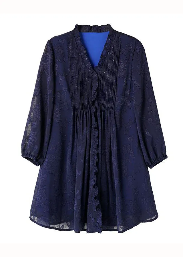 Classy Navy V Neck Ruffled Patchwork Chiffon Blouses Spring LY3849