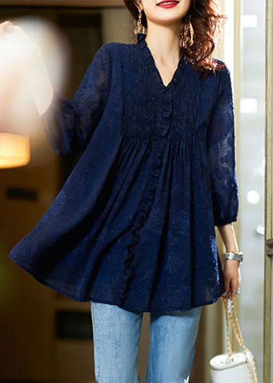 Classy Navy V Neck Ruffled Patchwork Chiffon Blouses Spring LY3849