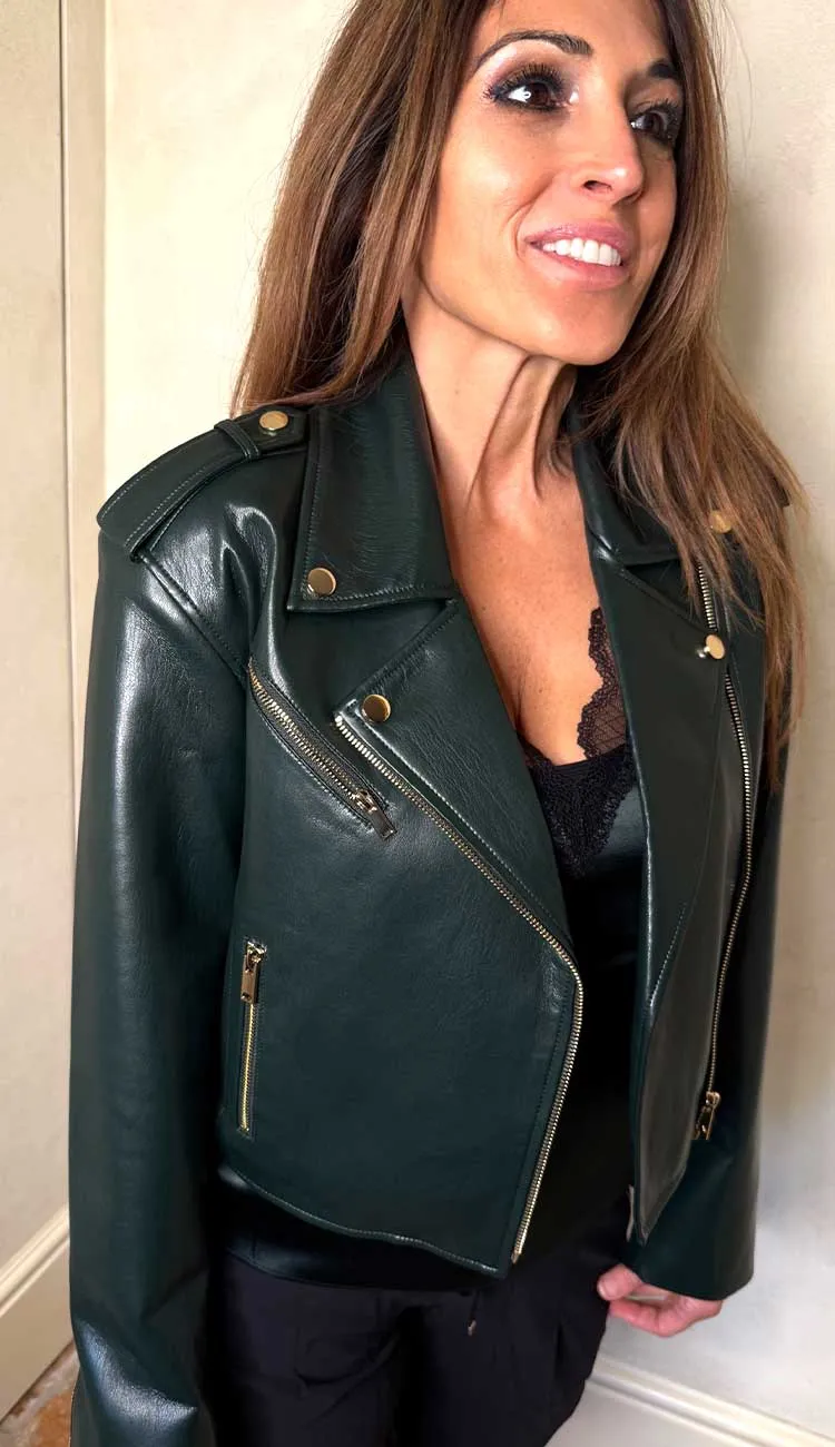 Cosita Vegan Leather Moto Jacket - Forest Green