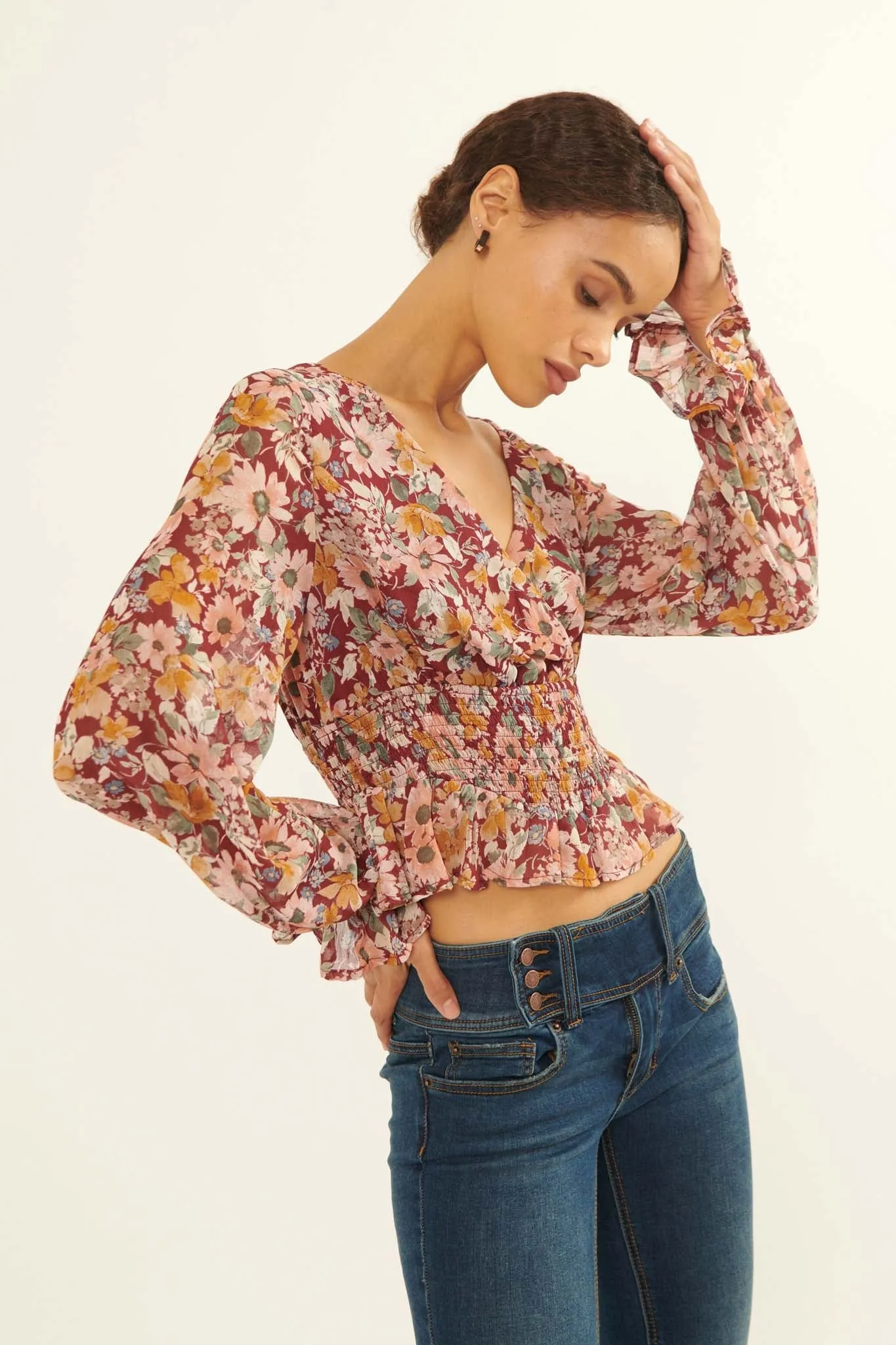 Days Go By Floral Chiffon Peasant Top