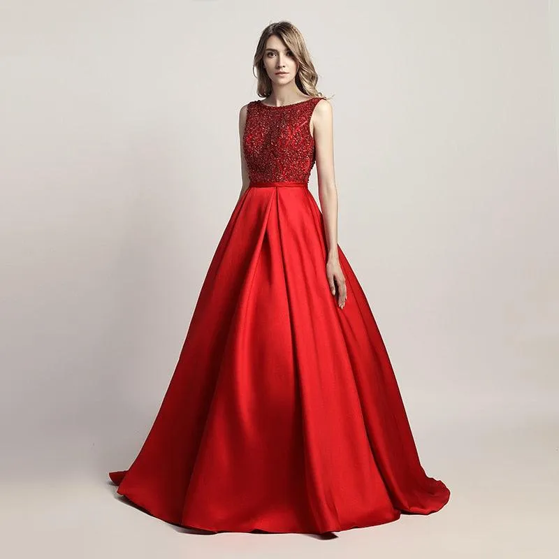 Elegant Evening Dresses O Neck Sleeveless Backless Empire A-Line Party Gown Beaded Sequins