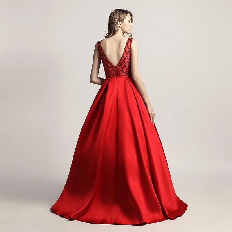 Elegant Evening Dresses O Neck Sleeveless Backless Empire A-Line Party Gown Beaded Sequins