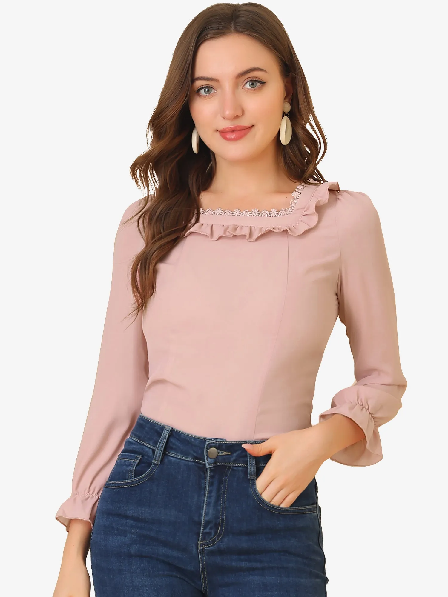 Elegant Square Neck Ruffled Puff Long Sleeve Blouse Top