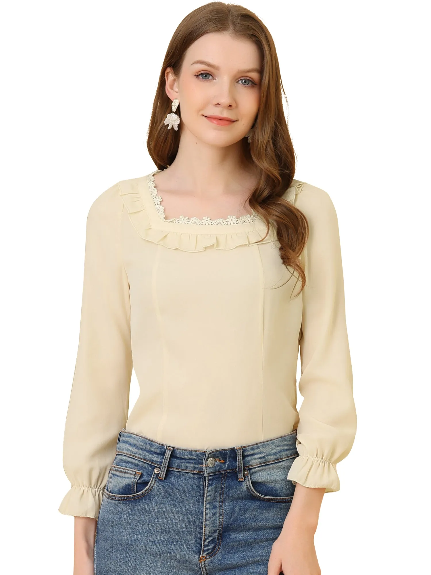 Elegant Square Neck Ruffled Puff Long Sleeve Blouse Top