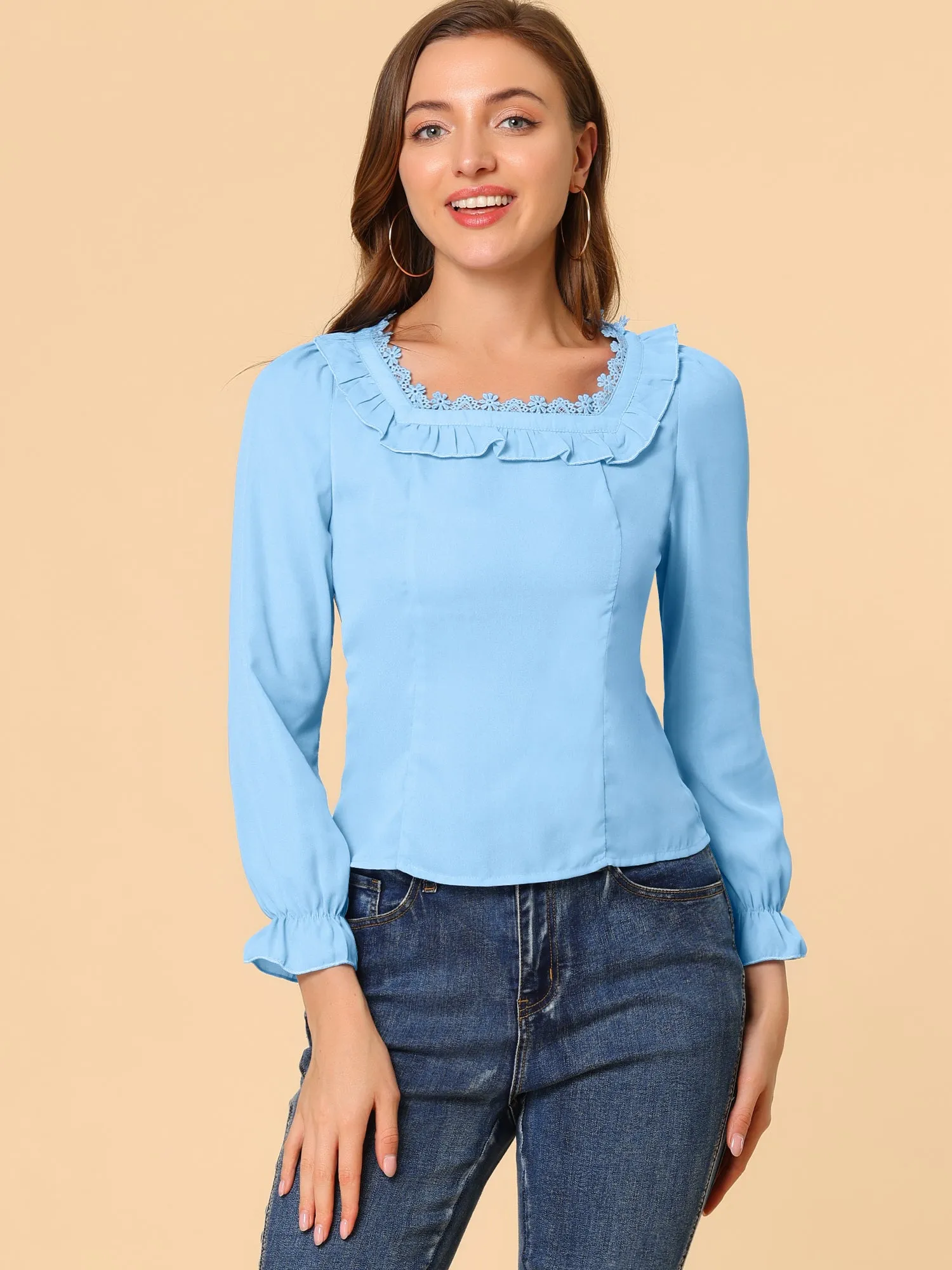 Elegant Square Neck Ruffled Puff Long Sleeve Blouse Top