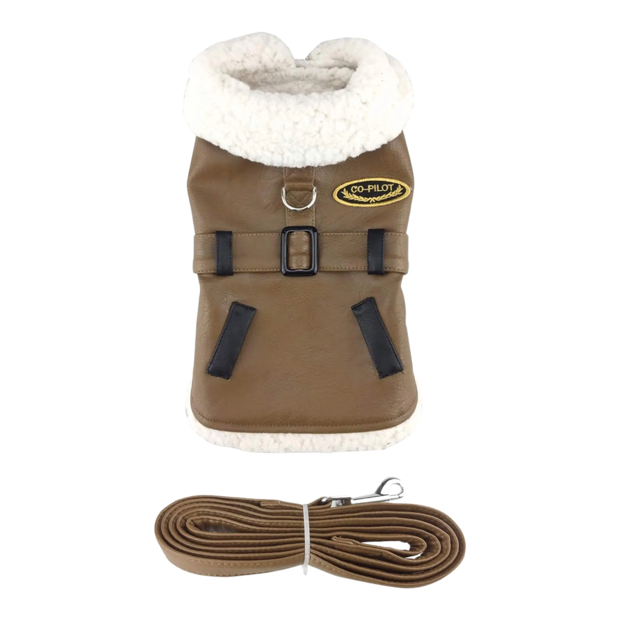 Faux Leather Bomber Dog Harness Coat with Leash