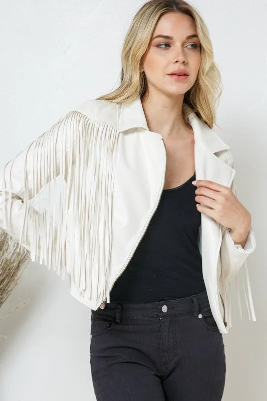 Faux Leather Moto Fringe Jacket PINK or White or Black