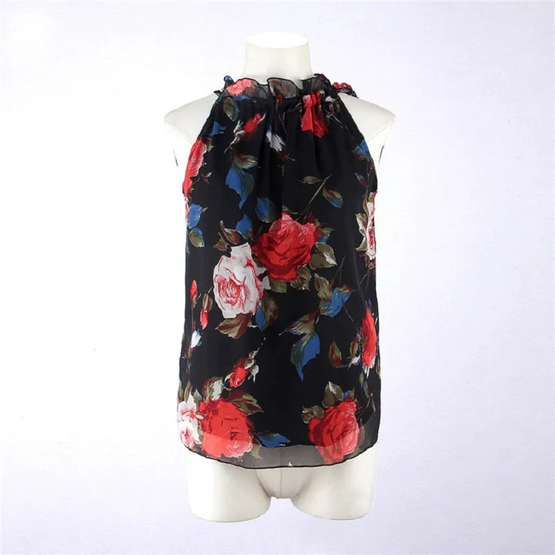 Floral Print Sleeveless Tops Loose Female Casual Blouses