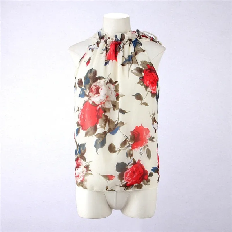 Floral Print Sleeveless Tops Loose Female Casual Blouses