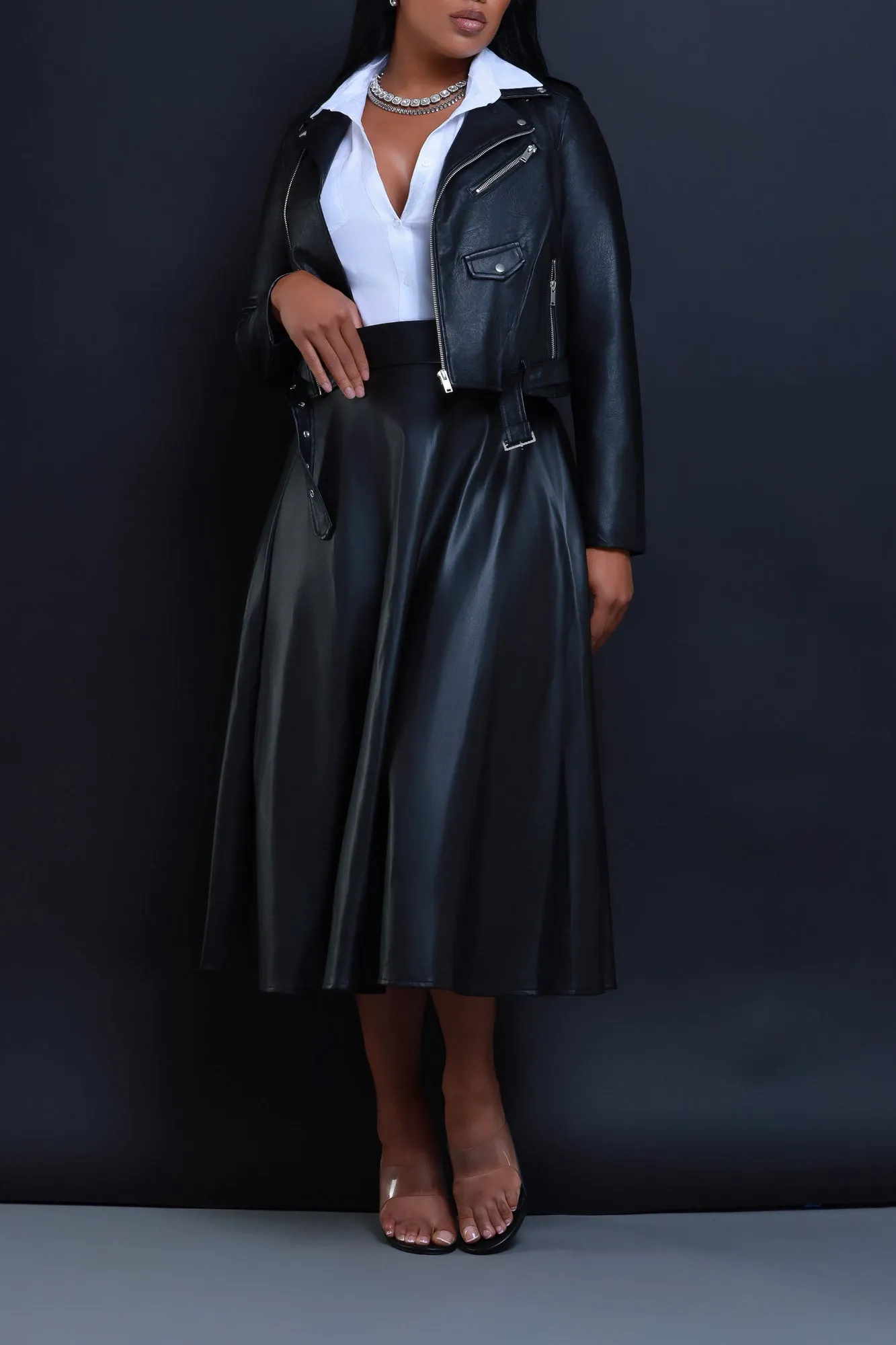 Gone Bad Faux Leather A-Line Midi Skirt - Black