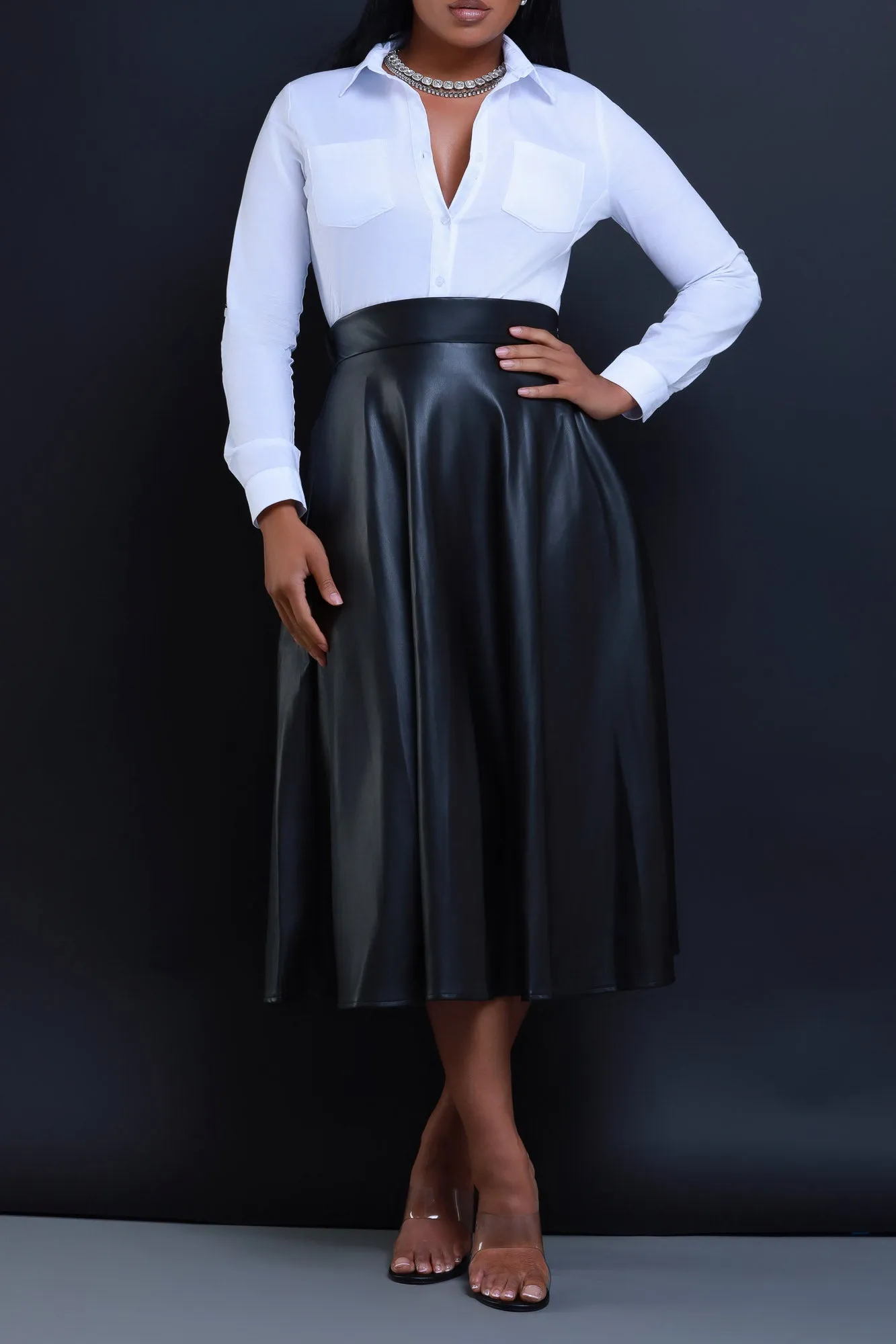 Gone Bad Faux Leather A-Line Midi Skirt - Black