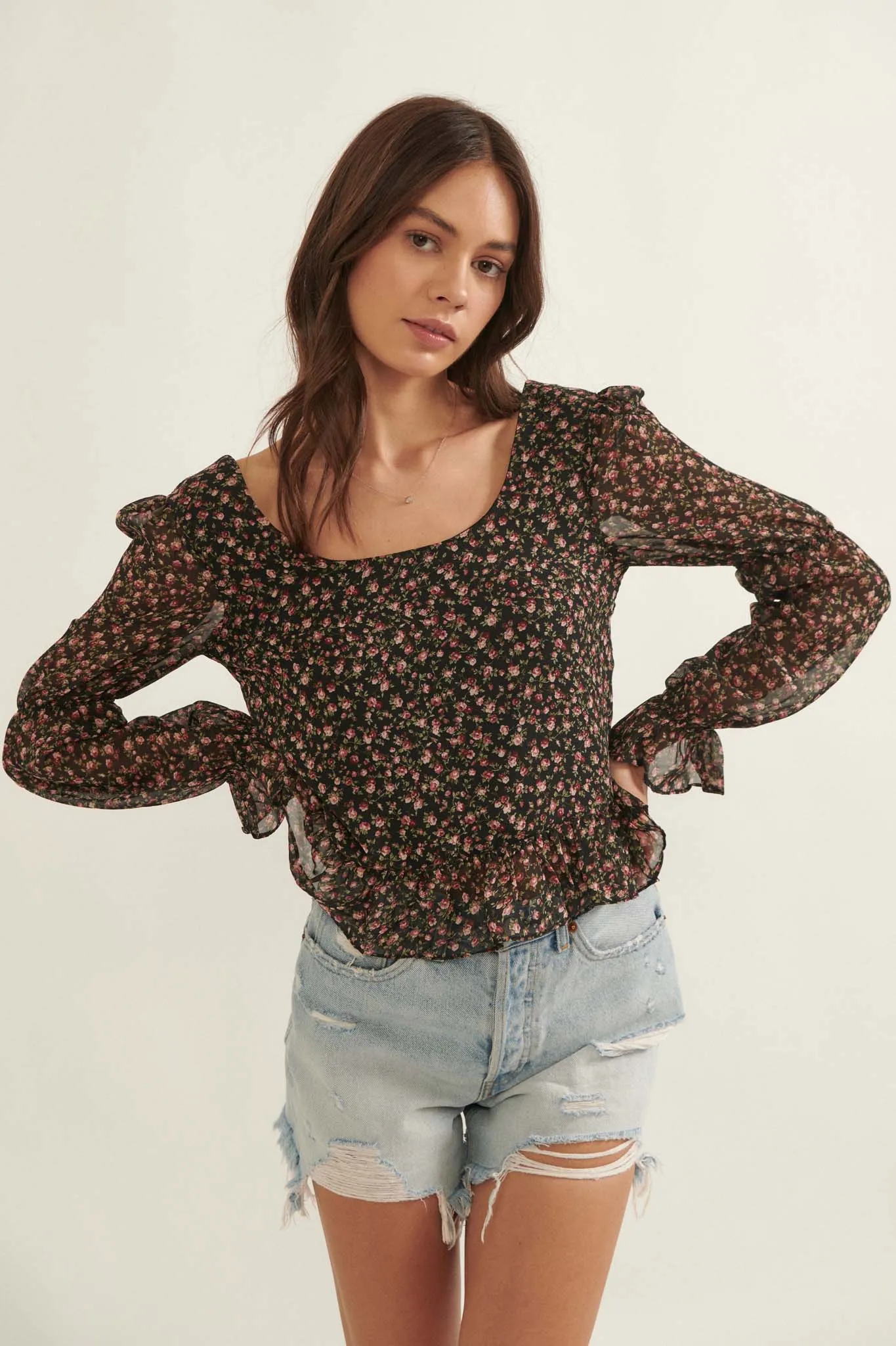 Grow Your Own Way Floral Chiffon Peasant Top