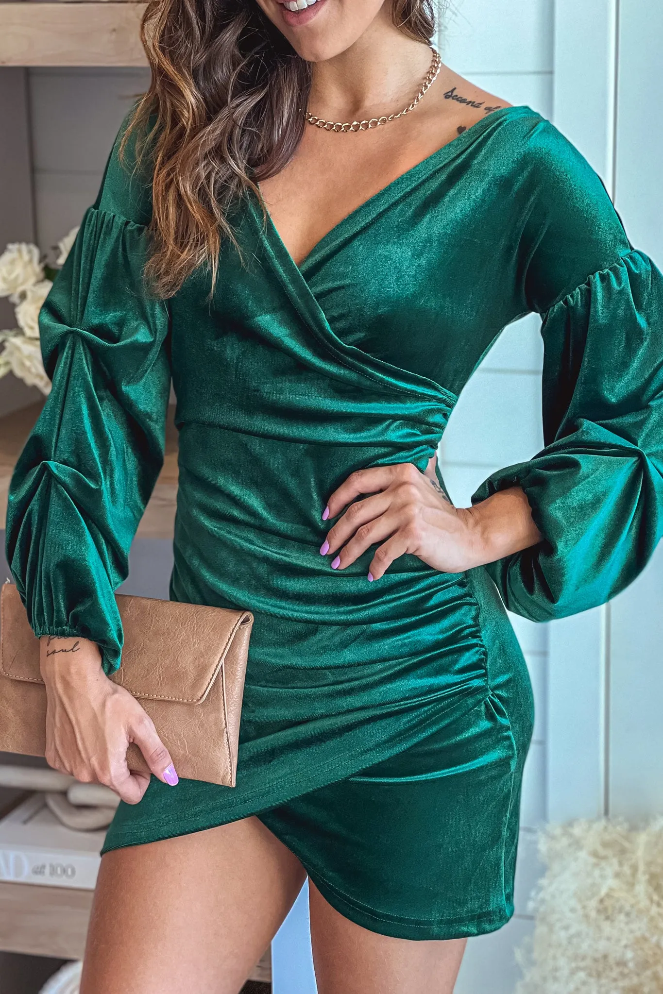 Hunter Green Velvet Short Dress With Puff Sleeves