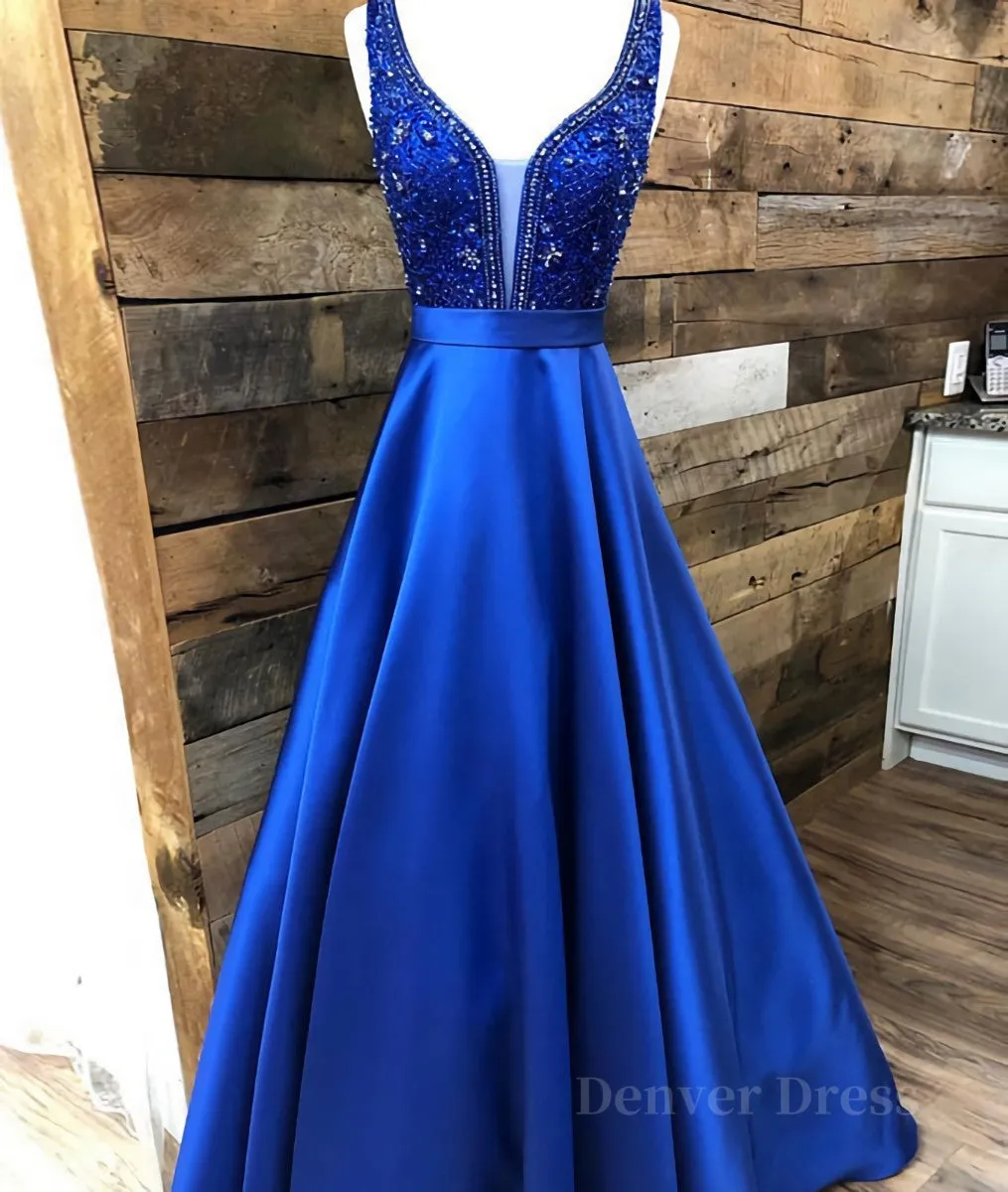 kamahe Blue v neck beads satin long prom dress, blue evening dress