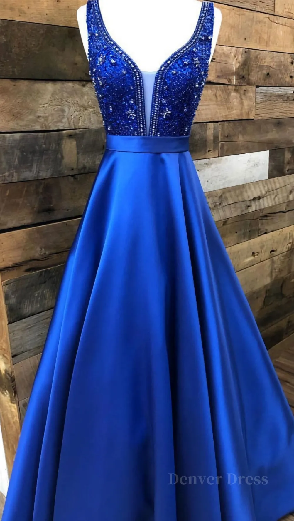 kamahe Blue v neck beads satin long prom dress, blue evening dress