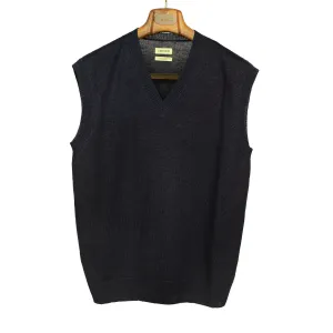 Knitted v-neck vest in navy blue Italian linen and wool