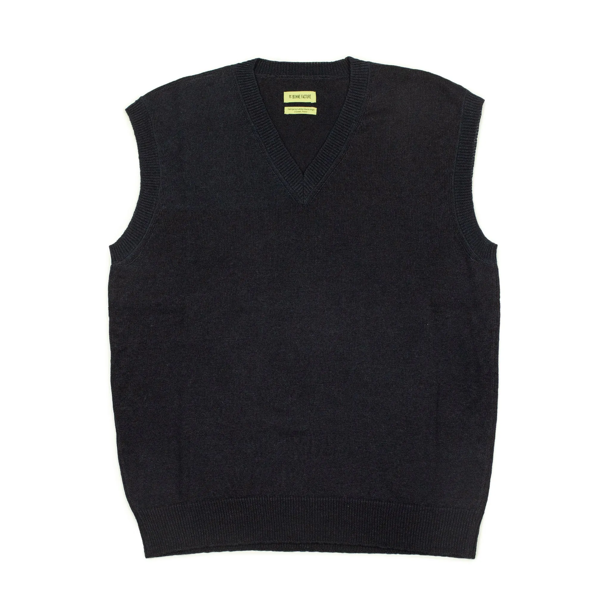 Knitted v-neck vest in navy blue Italian linen and wool