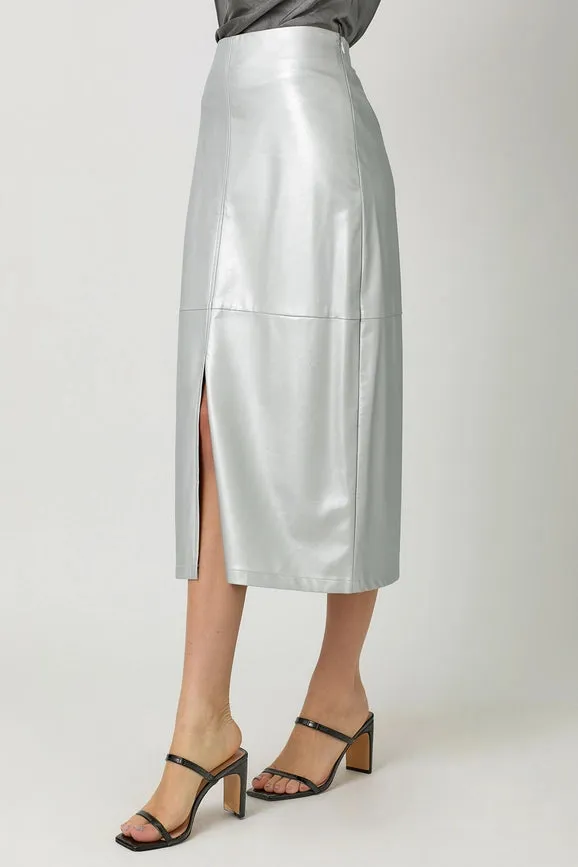 Leather Midi Skirt Silver