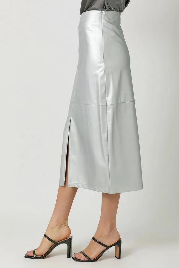 Leather Midi Skirt Silver