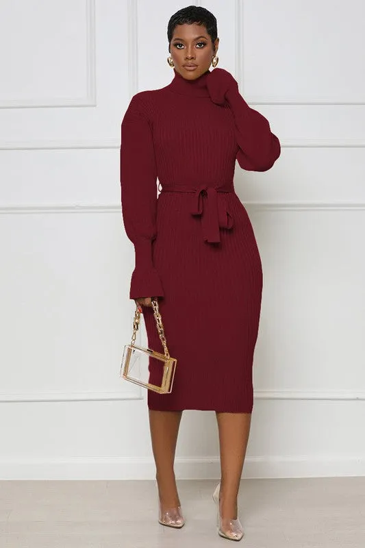 Lisa Long Sleeve Bodycon Turtleneck Midi Burgundy Sweater Dress | Claude