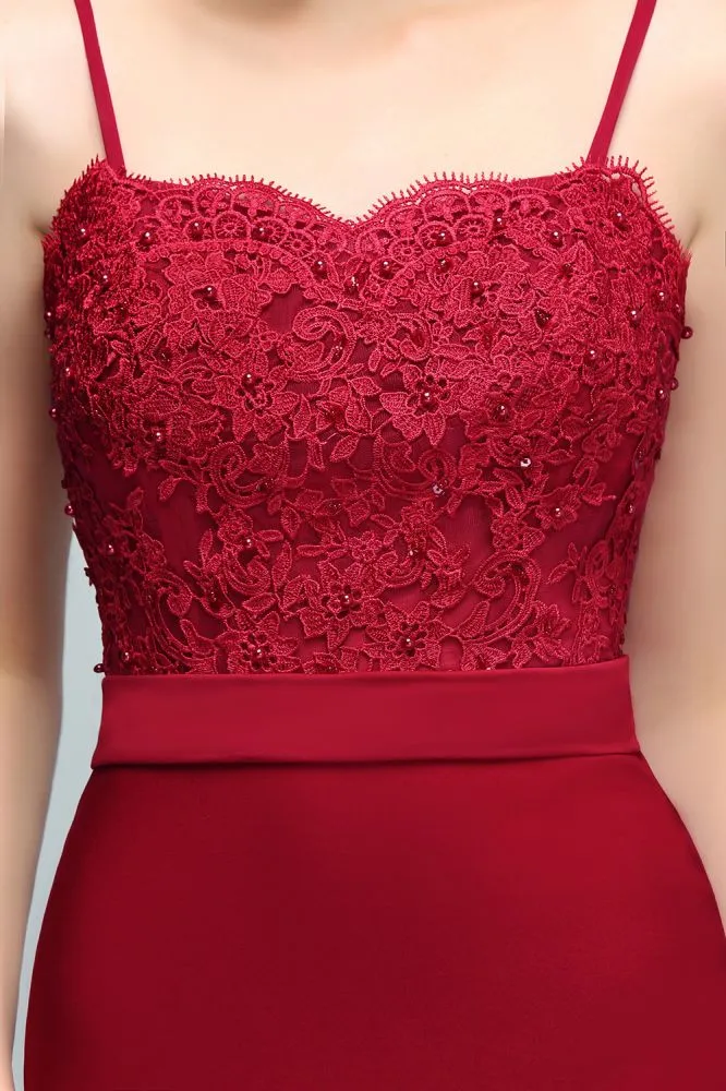 Long Burgundy Mermaid Spaghetti Sweetheart Appliques Prom Dresses with Beads