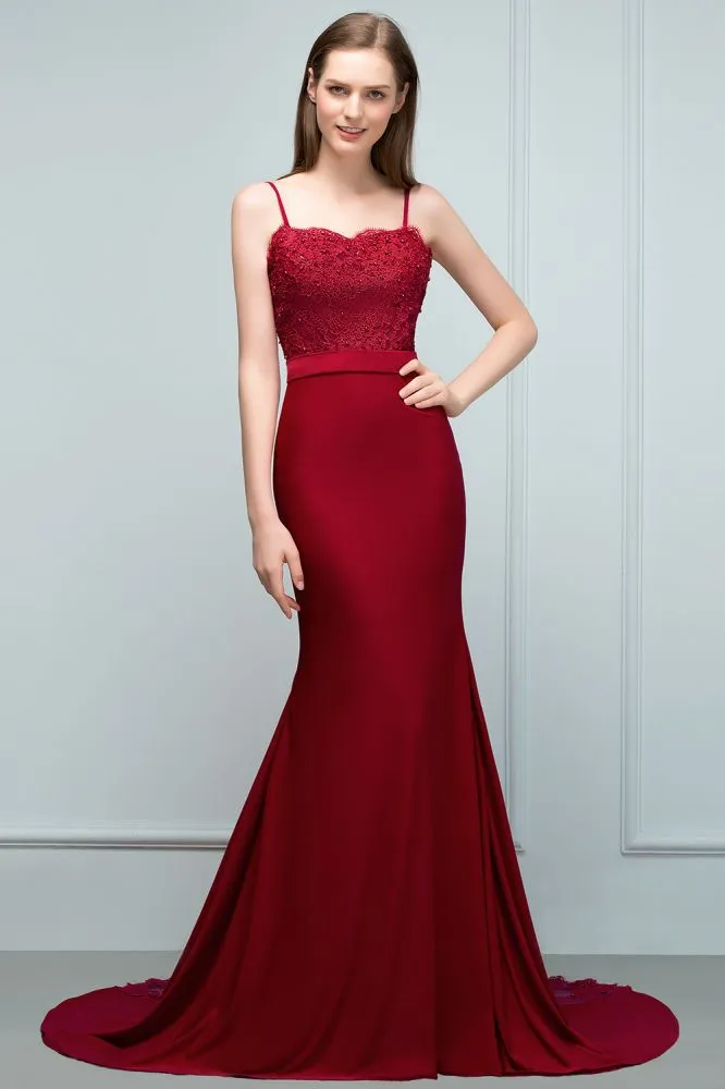 Long Burgundy Mermaid Spaghetti Sweetheart Appliques Prom Dresses with Beads