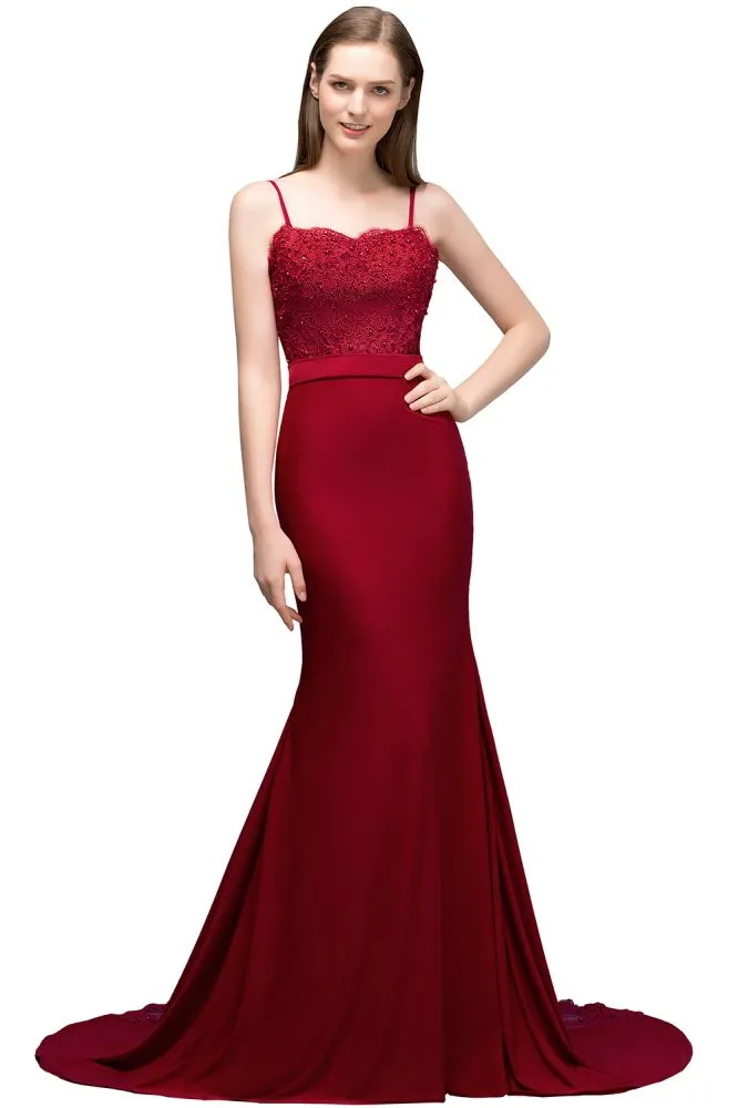 Long Burgundy Mermaid Spaghetti Sweetheart Appliques Prom Dresses with Beads