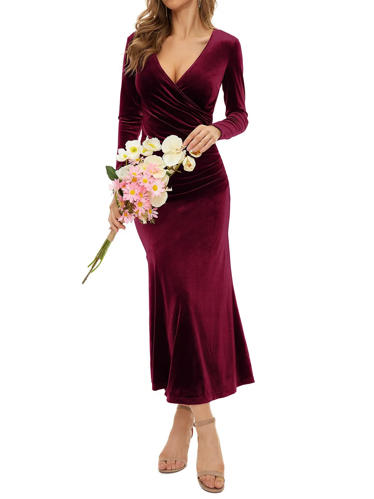 Long Sleeve V Neck Ruched Midi Dresses