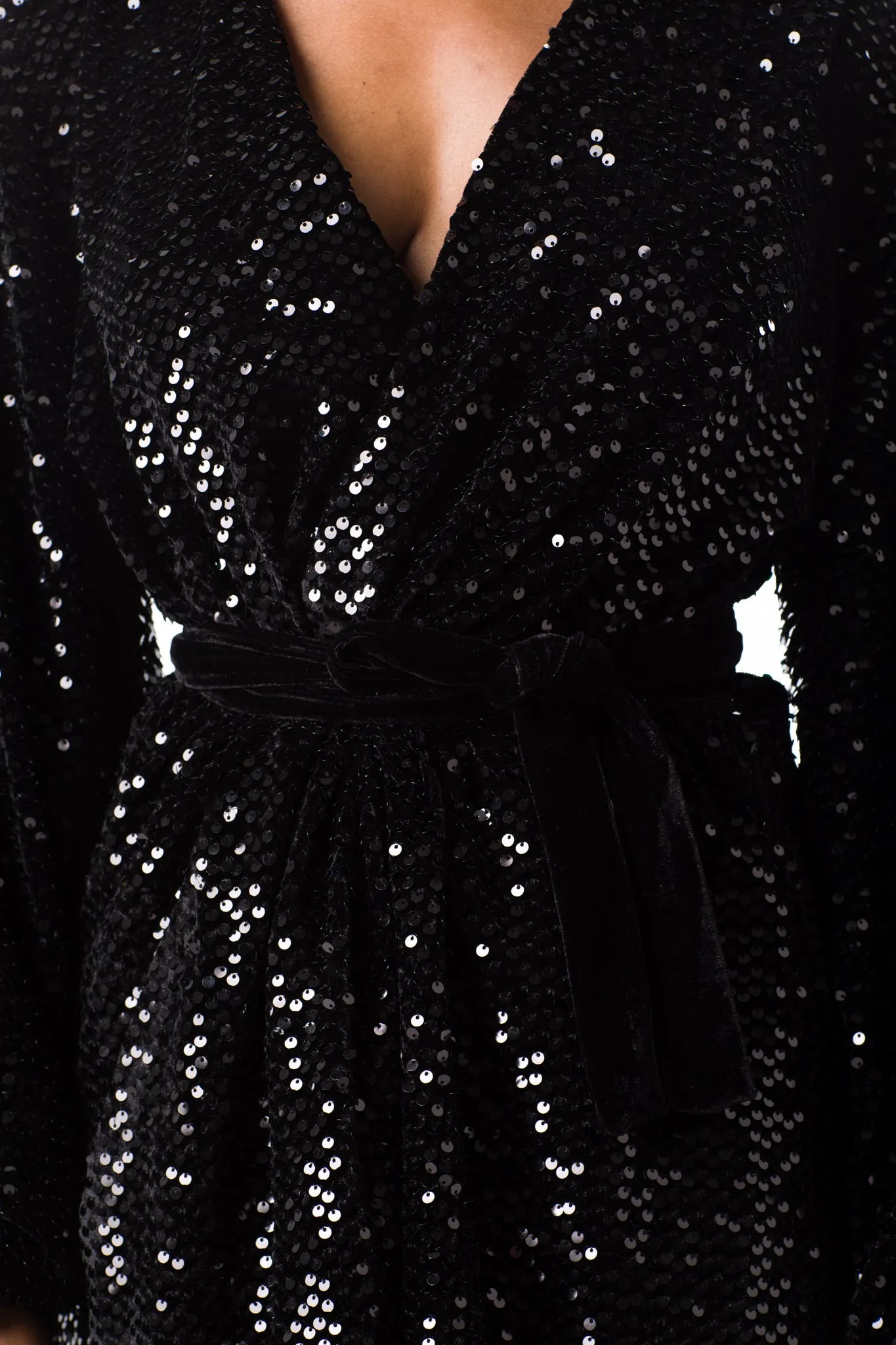 Long Sleeve Wrap Dress In Black Sequin Velvet