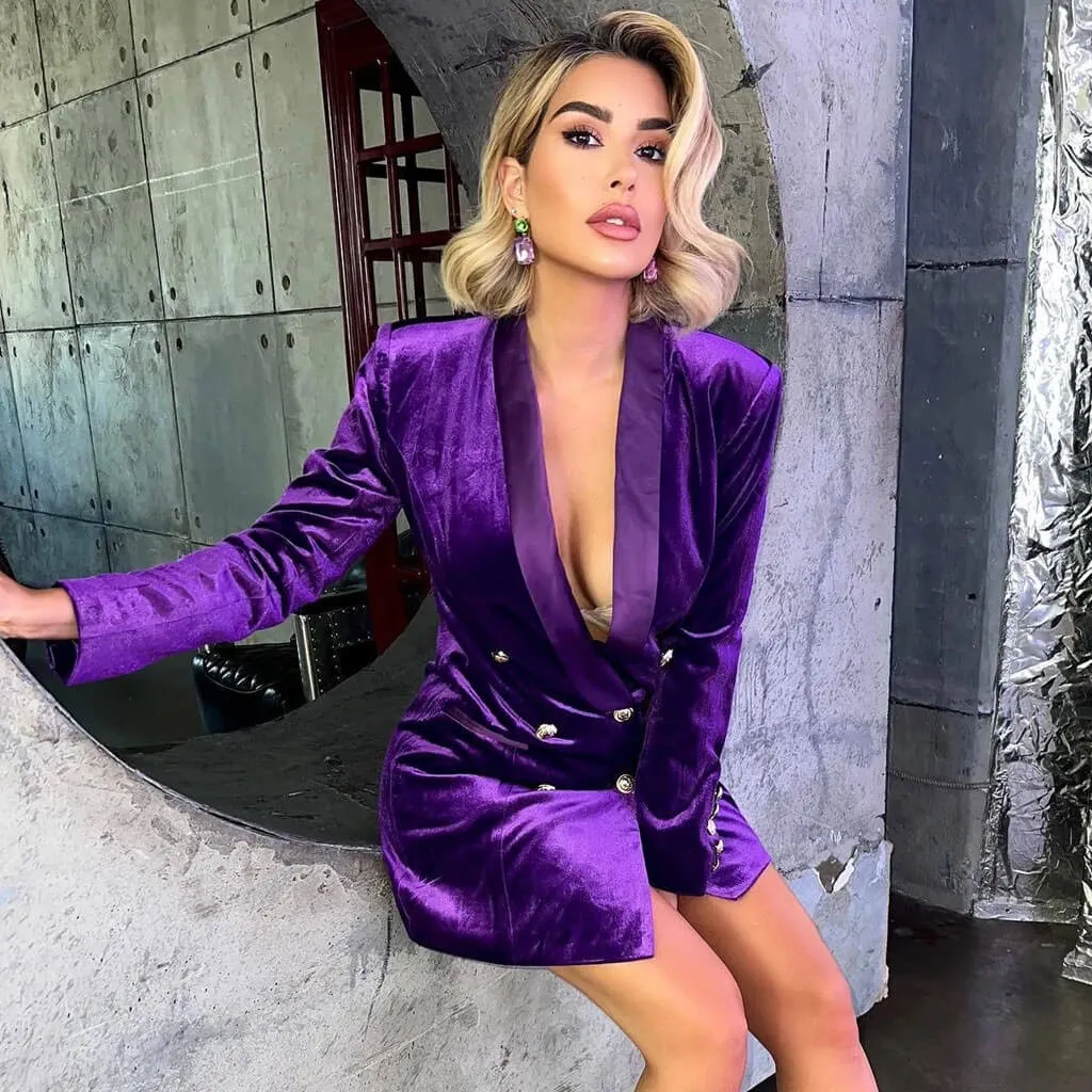 Luxurious Shawl Lapel Double Breasted Velvet Blazer Mini Dress - Purple