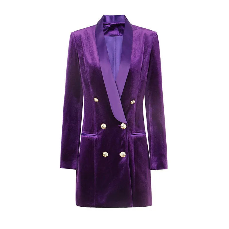 Luxurious Shawl Lapel Double Breasted Velvet Blazer Mini Dress - Purple