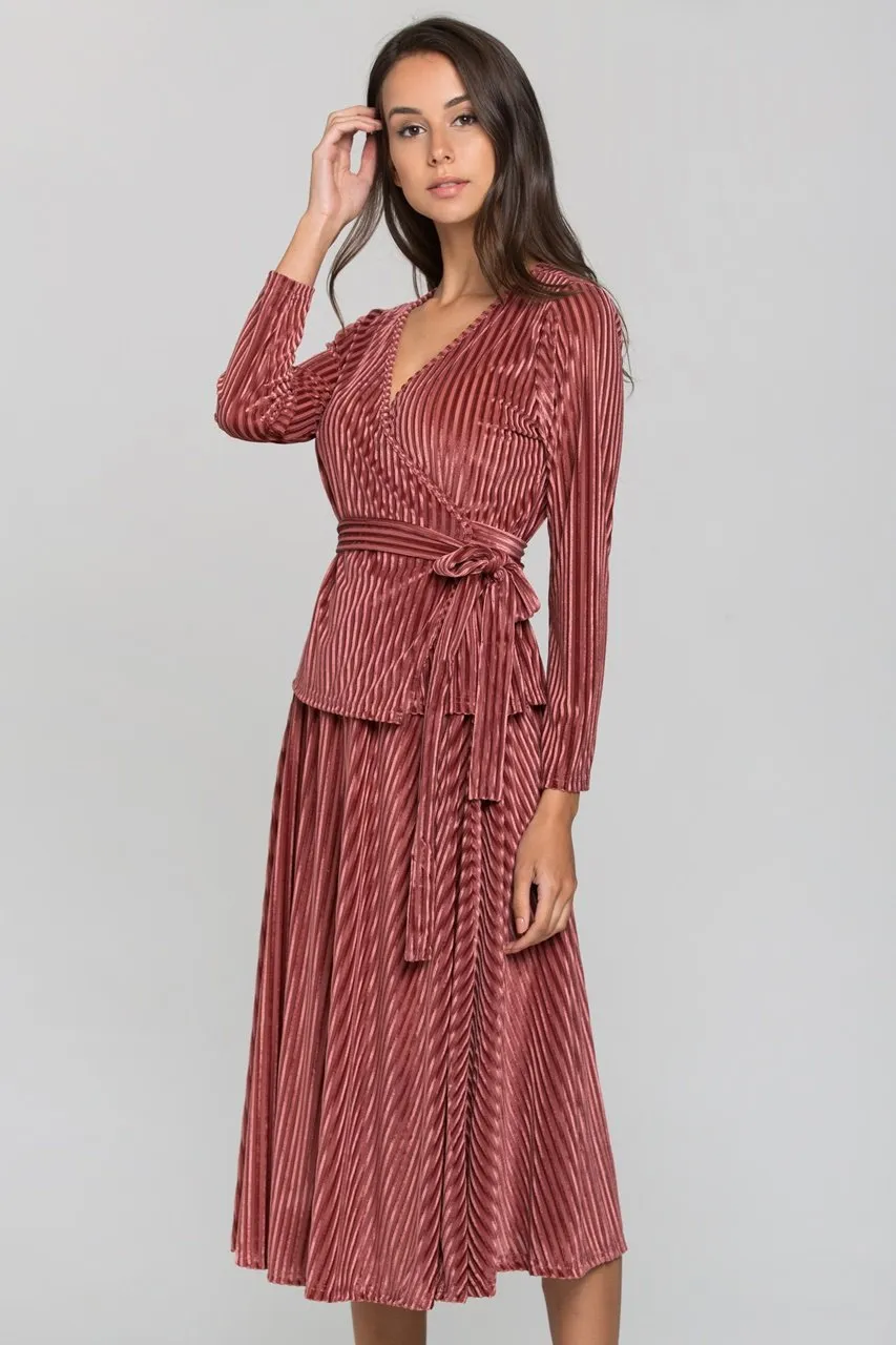 Maroon Velvet Chord Two Piece Midi Dress