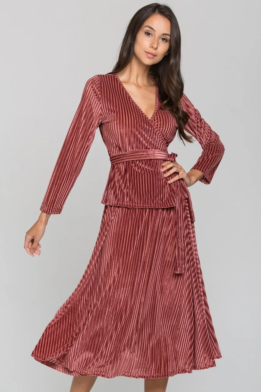 Maroon Velvet Chord Two Piece Midi Dress