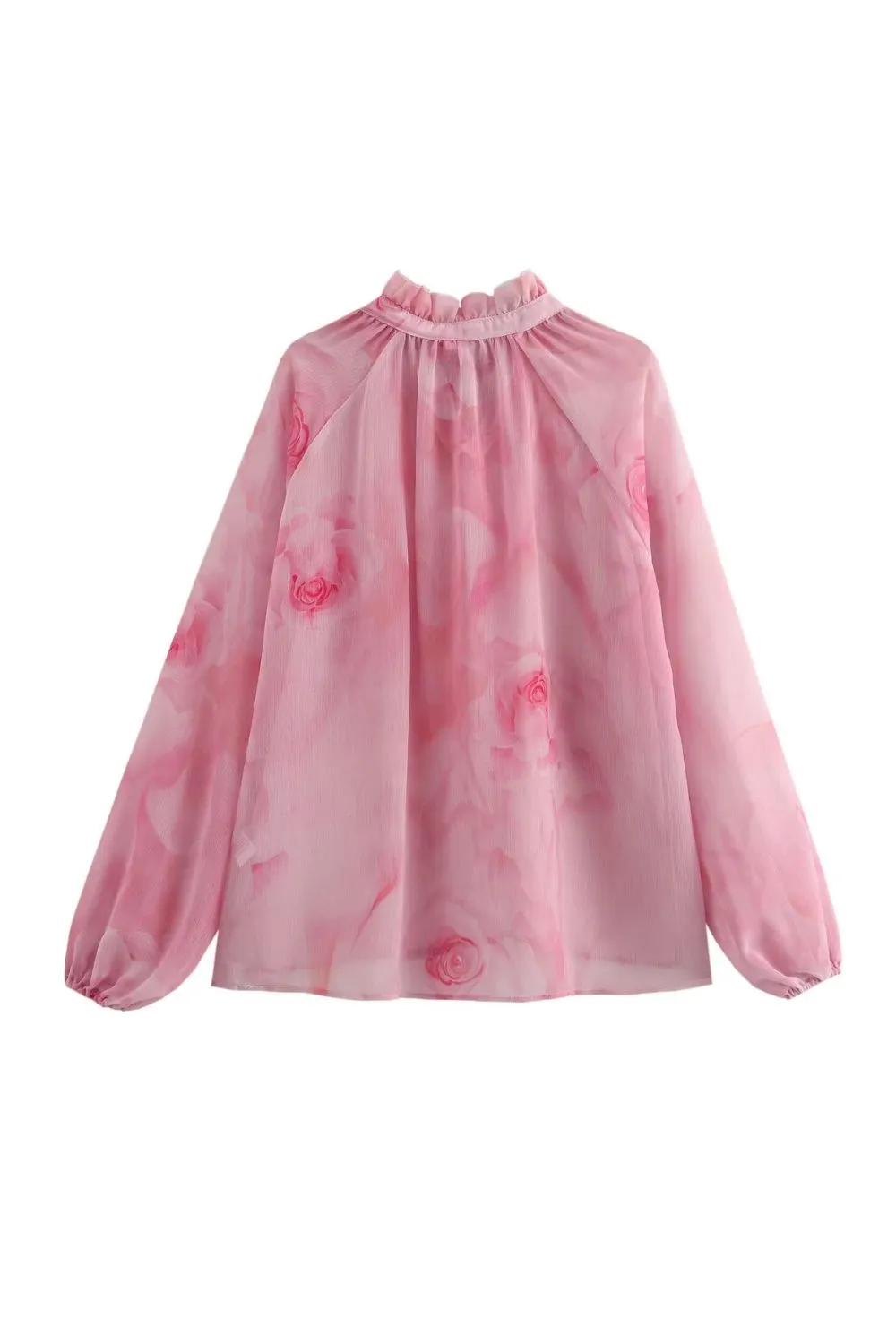 ‘Martha’ Printed Ruffled Tie-Neck Hollow-Out Chiffon Long Sleeve Blouse